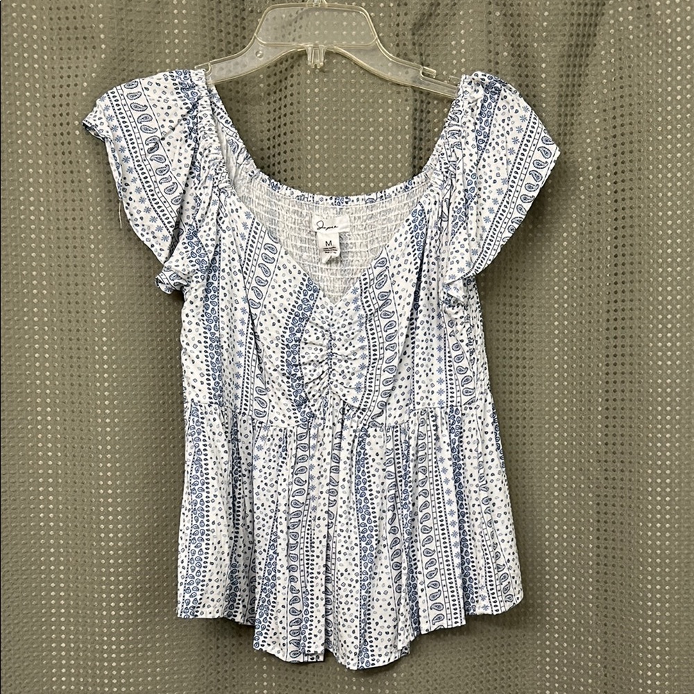 Japna White and Cream Flutter Sleeve Smocked Blouse